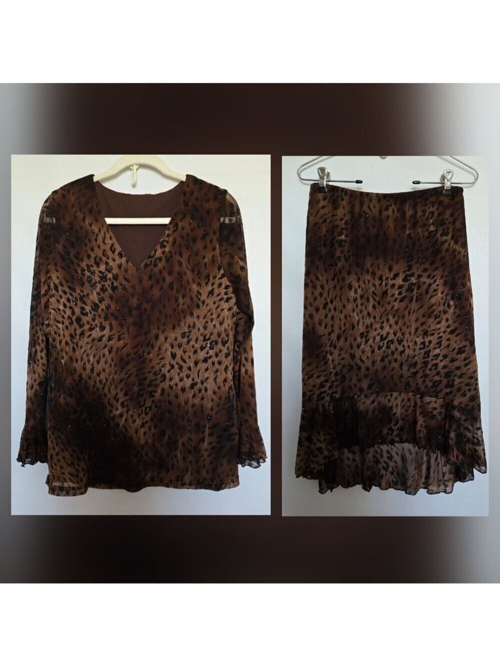 LEOPARD PRINT TOP & SKIRT SET BLACK BROWN SILVER SPARKLES WOMENS MED/LRG